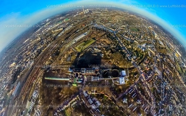 Herne240190101HolsterhausenZecheShamrock | Luftbild, Güterbahnhof und Brachfläche des ehemaligen Bergwerks General Blumenthal, stillgelegtes Kraftwerk Shamrock, Erdkugel, Fisheye Aufnahme, Fischaugen Aufnahme, 360 Grad Aufnahme, tiny world, little planet, fisheye Bild, Wanne-Süd, Herne, Ruhrgebiet, Nordrhein-Westfalen, Deutschland