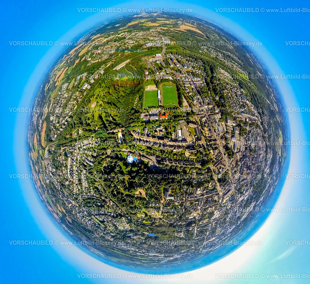 Velbert240890727von-Boettinger-Platz | Luftbild, Ortsansicht Mitte mit Fußballstadion Von-Böttinger-Platz, Erdkugel, Fisheye Aufnahme, Fischaugen Aufnahme, 360 Grad Aufnahme, tiny world, little planet, fisheye Bild, , Velbert, Ruhrgebiet, Nordrhein-Westfalen, Deutschland