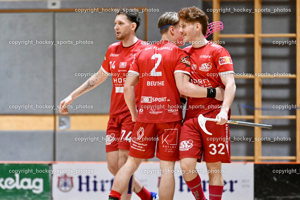 KAC Floorball vs. VSV Unihockey | Jubel KAC Floorball, #2 Mitja Beuthe KAC Floorball, #32 Tim Deisinger KAC Floorball, #74 Luca Wurmitzer KAC Floorball, KAC Floorball vs. VSV Unihockey, KAC Floorball vs. VSV Unihockey am 21.03.2026 in Klagenfurt (Ballspielhalle Waidmannsdorf), Austria, (Photo by Bernd Stefan)