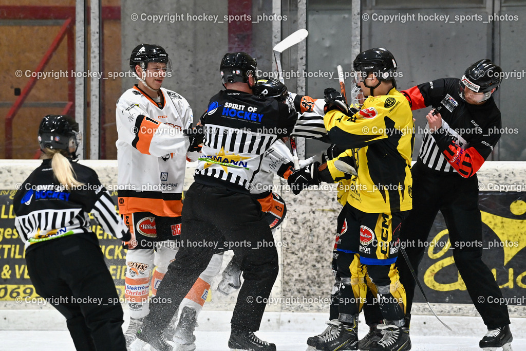 EC Spittal Hornets vs. USC Piraten Velden 7.2.2024 | #17 Hobitsch Samuel, #91 Bergmann Jonathan, #98 Thalhammer Dominic, #81 Sivec Peter Paul, Faustkampf, Wucherer Gerald, OREL Stephan, Klemm Anja, Referees