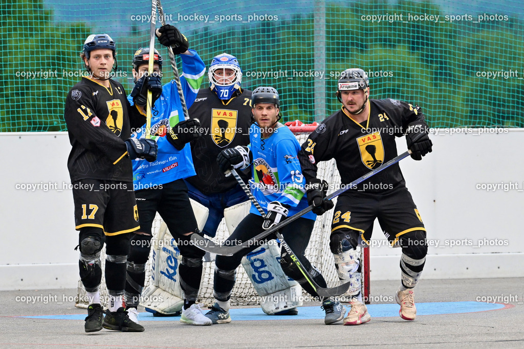 ASKÖ Hockey Villach vs. VAS Ballhockey  | #17 Hobitsch Samuel VAS Villach, #98 MAXA Alexander ASKÖ Villach Hockey, #70 Moser Lukas VAS Villach, #19 WIELTSCHNIG Luca ASKÖ Villach Hockey, #24 Wucherer Gerald VAS Villach, ASKÖ Hockey Villach vs. VAS Ballhockey , ASKÖ Hockey Villach vs. VAS Ballhockey  am 06.07.2025 in Villach (Alpen Arena ), Austria, (Photo by Bernd Stefan)