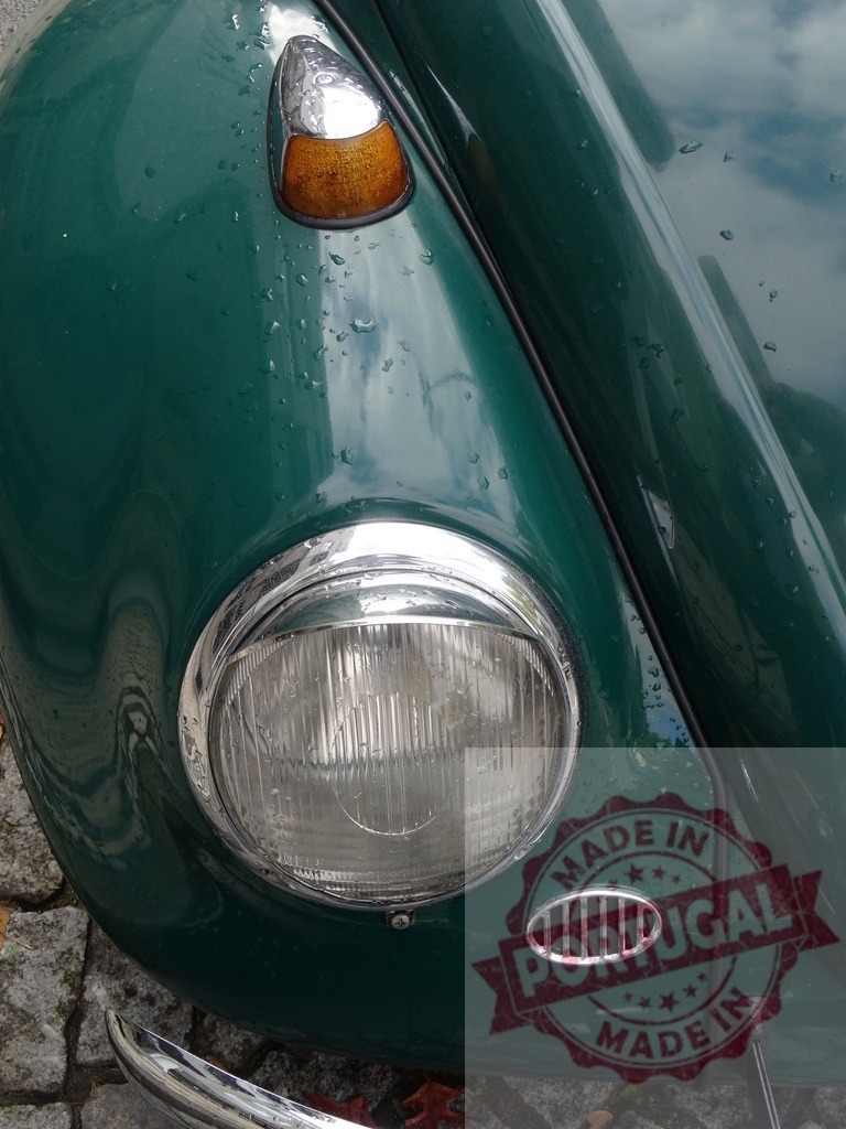 Volkswagen Beetle classic car headlight with raindrops | Volkswagen Beetle classic car with headlight and turn signal on green body covered in raindrops - Realisiert mit Pictrs.com