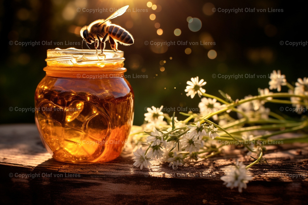 Honig mit Biene | Leuchtender Honig mit fliegender Biene