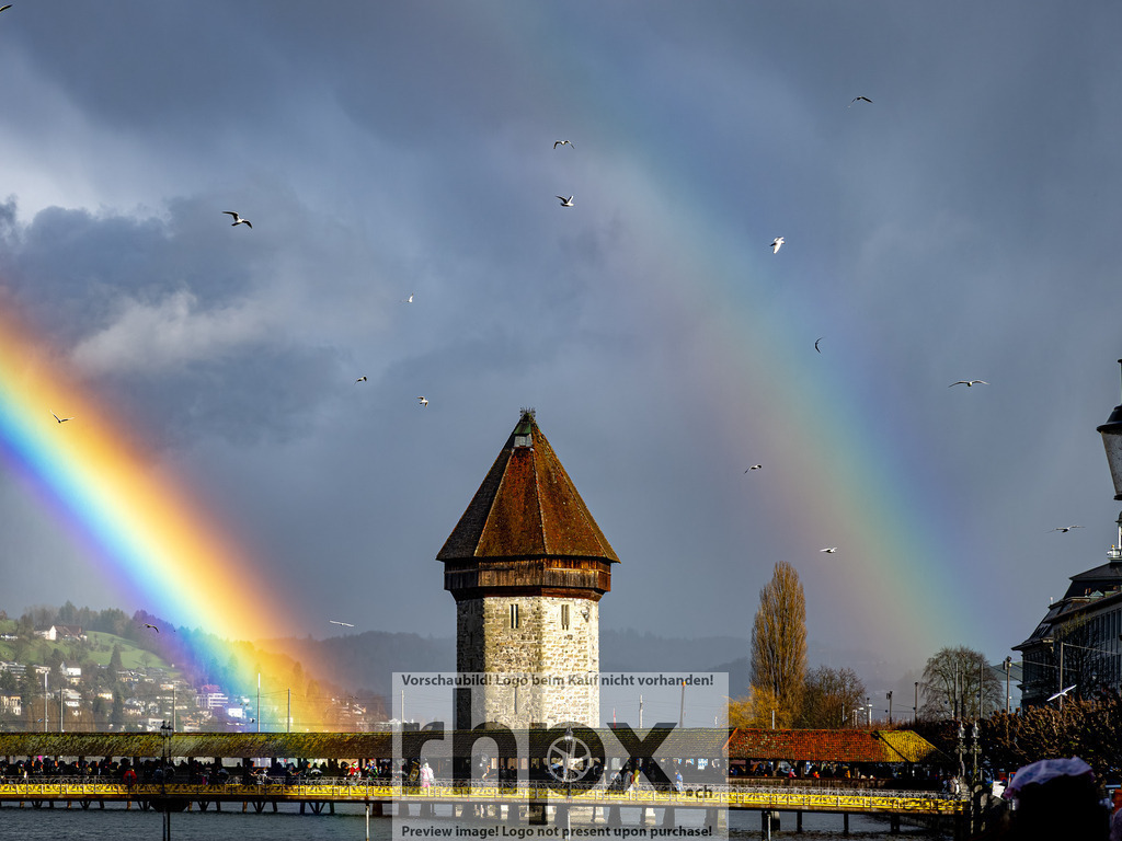 Regenbogen während Chendermonster 2026 | Stimmungsvolle Fotokunst aus Luzern. Erlebe den Pilatus, den See und die Stadt Luzern in exklusiven Aufnahmen in der Fotogalerie & Shop. - Realisiert mit Pictrs.com