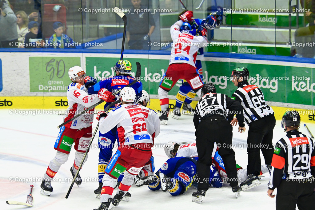 EC IDM Wärmepumpen VSV vs. EC KAC  | BÄRENTHALER Christoph Referee, ZGONC GASPER JAKA Referee, Faustkampf, #81 van Ee Finn EC KAC, #42 LANZINGER Benjamin EC VSV, #12 Maier David EC KAC, #68 Gomboc Luka EC KAC, EC IDM Wärmepumpen VSV vs. EC KAC , EC IDM Wärmepumpen VSV vs. EC KAC  am 27.10.2024 in Villach (Stadthalle Villach), Austria, (Photo by Bernd Stefan)