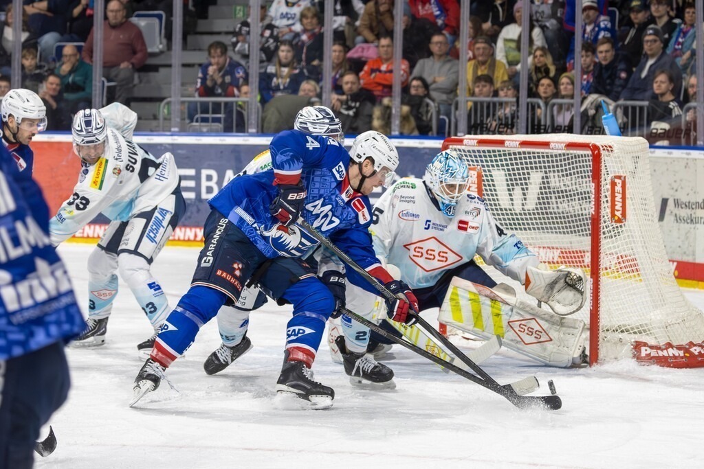 DEL, Deutsche Eishockey Liga Saison 2025/26, 35 Spieltag: Adler Mannheim gegen Dresdner Eislöwen | DEL, Deutsche Eishockey Liga Saison 2025/26, 35 Spieltag: Adler Mannheim gegen Dresdner Eislöwen***Gute Chance für die Adler durch Dan Renouf (4, Mannheim) - Realisiert mit Pictrs.com