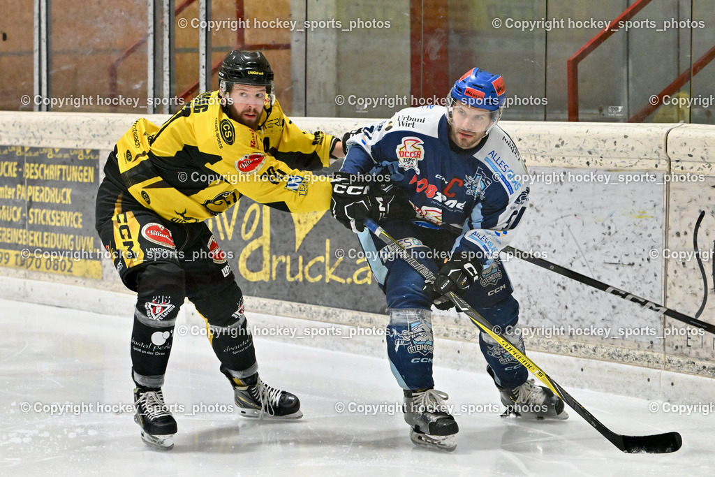 EC Hornets Spittal vs. ESC Steindorf 23.2.2024 | #70 Kronig Daniel EC Hornets Spittal, #57 Wilfan Franz ESC Steindorf, EC Hornets Spittal vs. ESC Steindorf 23.2.2024, EC Hornets Spittal vs. ESC Steindorf 23.2.2024 am 23.02.2024 in Spittal an der Drau (Eissportzentrum Spittal), Austria, (Photo by Bernd Stefan)