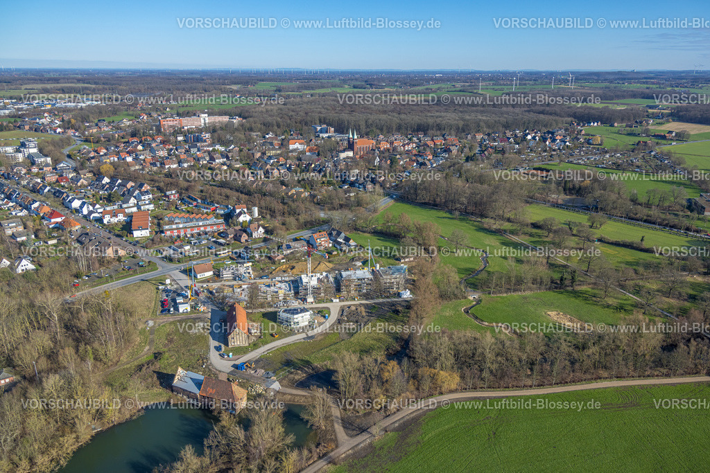 Hamm230213005 | Luftbild, Schlossmühle am Mühlengraben und Mühlenteich mit Baustelle und Neubau, Stadtbezirk Heessen, Hamm, Ruhrgebiet, Nordrhein-Westfalen, Deutschland