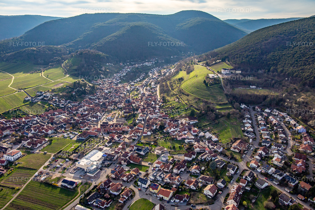 Luftbild: Ortsansicht von Nordosten im Ortsteil SaintMartin in Sankt Martin im Bundesland Rheinland-Pfalz in Deutschland. Foto: IMG_139999.jpg vom 14.03.2024 durch Werner Riehm/FLY-FOTO.de