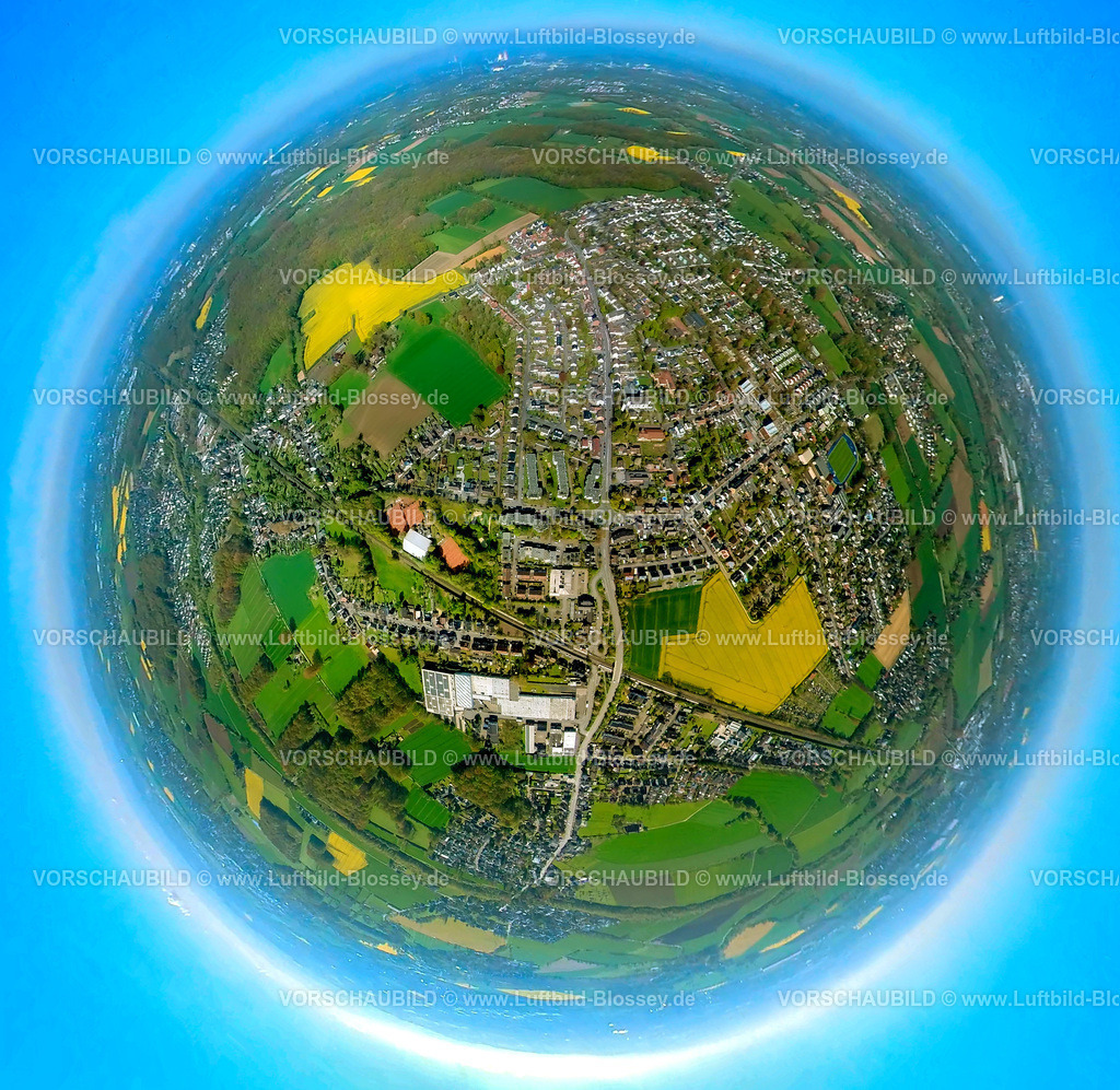 Kamen230490814Methler | Luftbild, Ortsansicht Methler, Robert-Koch-Straße, Wiesen und Rapsfelder, Sportzentrum Kaiserau, Erdkugel, Fisheye Aufnahme, Fischaugen Aufnahme, 360 Grad Aufnahme, Kaiserau, Kamen, Ruhrgebiet, Nordrhein-Westfalen, Deutschland