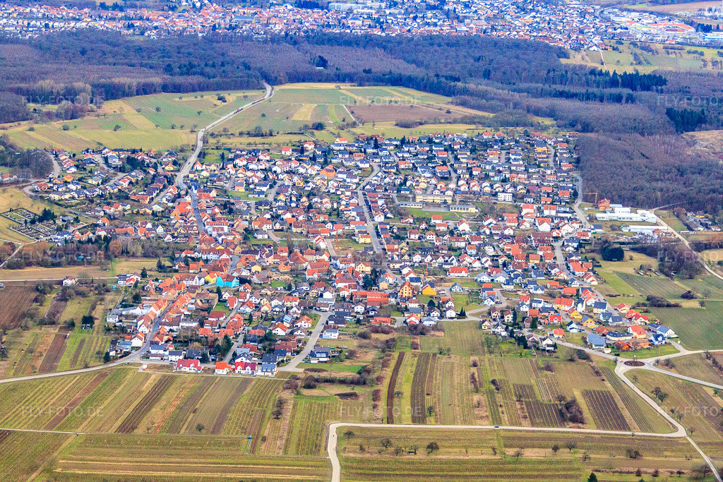 Luftbild: Ortsteil von Norden im Ortsteil Rettigheim in Mühlhausen im Bundesland Baden-Württemberg in Deutschland. Foto: IMG_24743.jpg vom 27.02.2010 durch Werner Riehm/FLY-FOTO.de