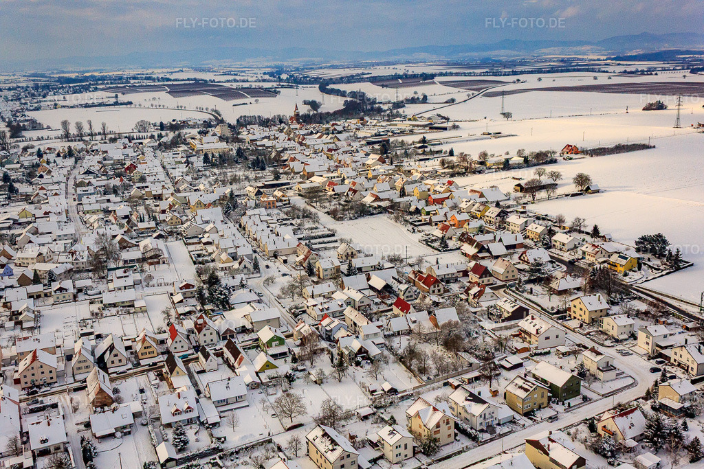 Luftbild: Dorfansicht aus Osten im Winter bei Schnee in Minfeld im Bundesland Rheinland-Pfalz in Deutschland. Foto: IMG_36055.jpg vom 18.12.2010 durch Werner Riehm/FLY-FOTO.de