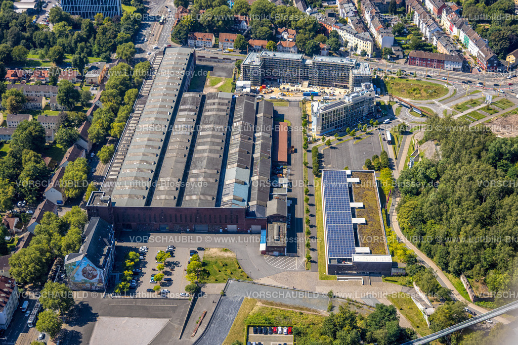 Bochum240816688 | Luftbild, Baustelle mit Neubau TRIUM Bürogebäude Bochum GmbH & Co KG, am Westpark Alleestraße und Wattenscheider Straße mit Kreisverkehr, Kruppwerke, Bochum, Ruhrgebiet, Nordrhein-Westfalen, Deutschland