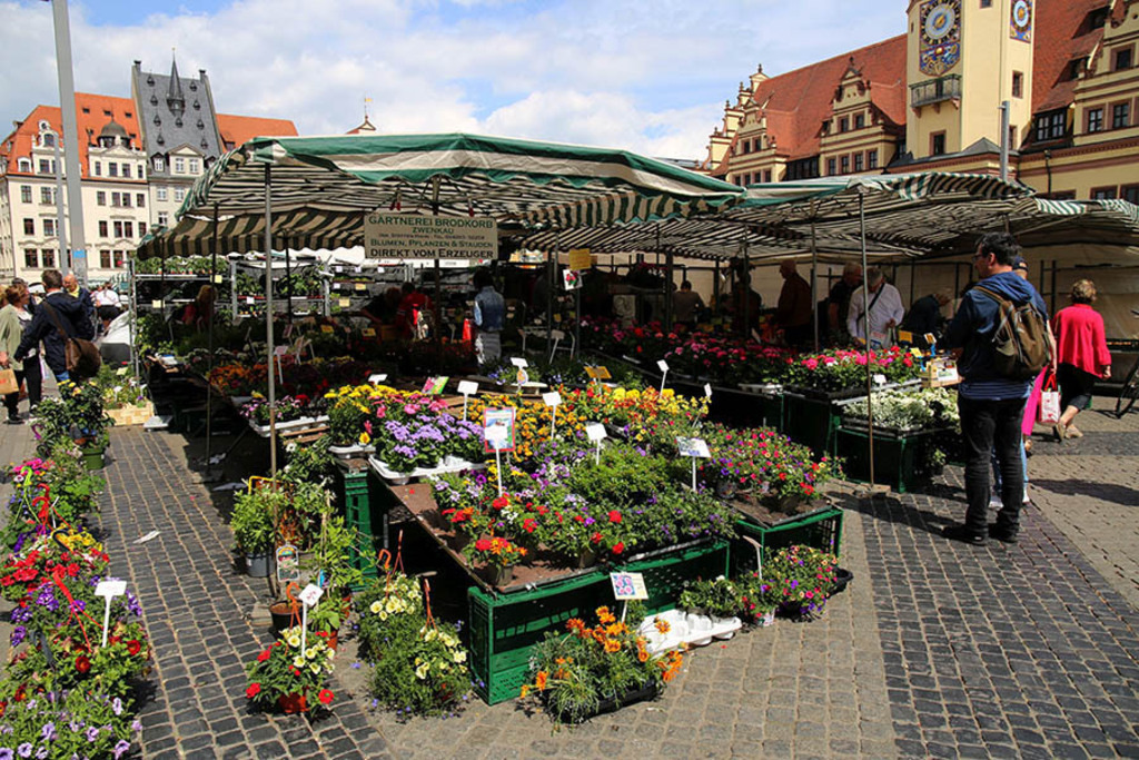 Foto: Leipzig - Wochenmarkt in der Innenstadt | Das Team hinter BILDLEXIKON LEIPZIG bündelt historische wie aktuelle Informationen über die Stadt Leipzig in Text und Bild auf einer Plattform und stellt diese der interessierten Öffentlichkeit zur Verfügung.