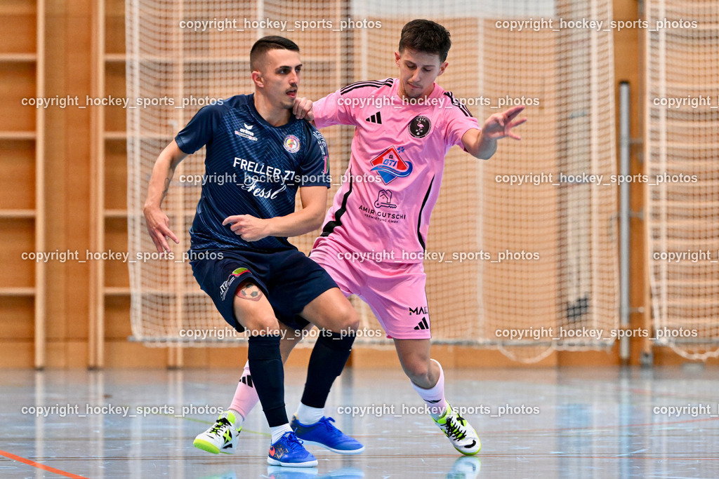 Carinthia Flamengo Futsal Club vs. LPSV-K | #5 Amir Beganovic LPSV-K, #17 Hasan Kupinic Carinthia Flamengo, Carinthia Flamengo Futsal Club vs. LPSV-K, Carinthia Flamengo Futsal Club vs. LPSV-K am 03.11.2024 in Klagenfurt (Ballspielhalle Viktring), Austria, (Photo by Bernd Stefan)