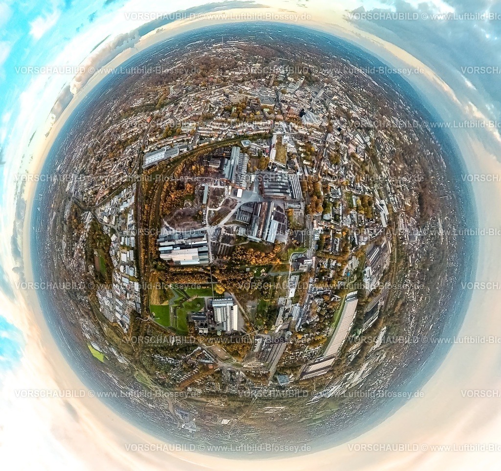 Bochum231190088Westpark-topaz | Luftbild, Westpark mit alten Werkshallen des Bochumer Verein und Jahrhunderthalle Veranstaltungsort und Eventlocation, Wohngebiet umgeben von herbstlichen Laubbäumen, Erdkugel, Fisheye Aufnahme, Fischaugen Aufnahme, 360 Grad Aufnahme, tiny world, little planet, fisheye Bild, Kruppwerke, Bochum, Ruhrgebiet, Nordrhein-Westfalen, Deutschland