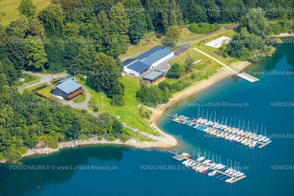 Meschede250807236 | Luftbild, Bootsanlegestelle auf dem Hennesee, Berghausen, Meschede, Sauerland, Nordrhein-Westfalen, Deutschland