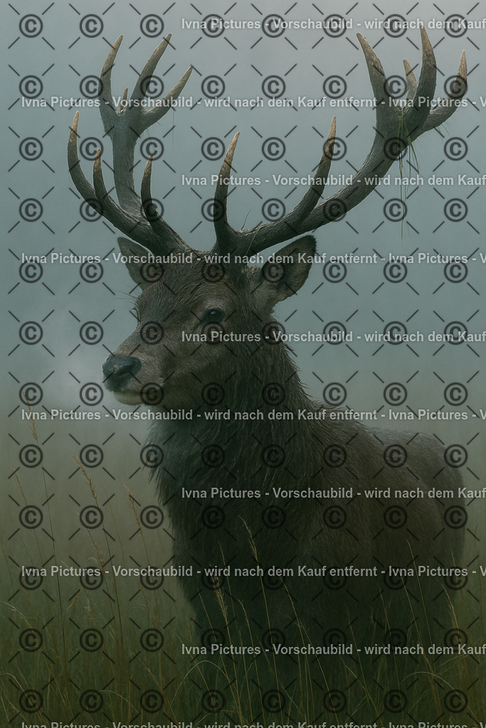 Hirsch im Nebel | Ein majestätischer Hirsch mit mächtigem Geweih steht still in der dichten Nebellandschaft. Sein Atem ist in der kühlen Morgenluft sichtbar und verleiht der Szene eine geheimnisvolle Stimmung. - Realisiert mit Pictrs.com