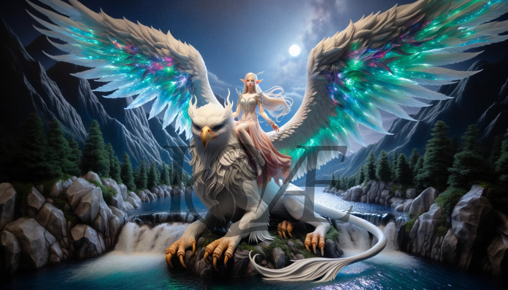 DALL_E 2023-10-06 15.00.07 - Ultra-realistic portrayal of an elven maiden with glowing neon wings_ atop a griffin that proudly displays its own set of impressive wings. The griffi | psy4fly - Realisiert mit Pictrs.com
