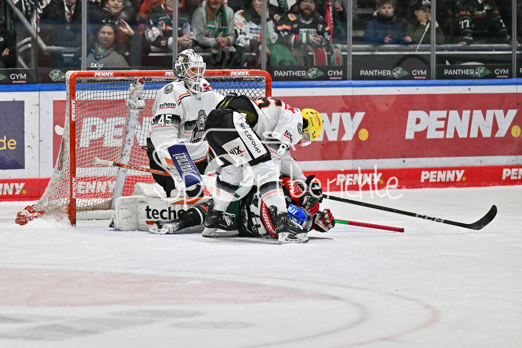 Augsburger Panther - Löwen Frankfurt  | ein fight zwischen Cameron BRACE (Löwen Frankfurt #86) und Riley McCOURT (Augsburger Panther #72) / Kampf / Faustkampf / DEL: Augsburger Panther - Loewen Frankfurt, Curt Frenzel Stadion am 12.01.2025