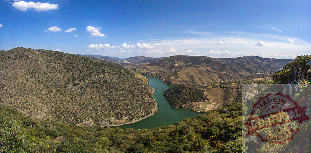 Douro River valley landscape with terraced vineyards | Douro River winding through terraced vineyards and mountains under a blue sky - Realisiert mit Pictrs.com
