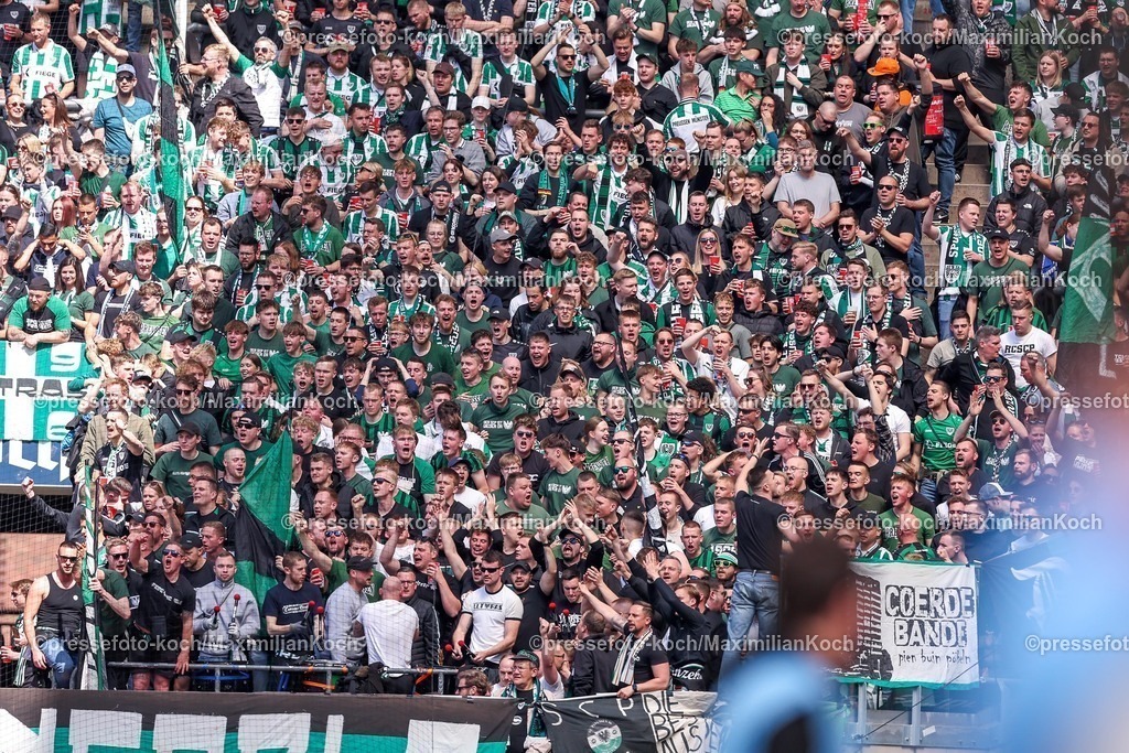 1FC20042501020 | 20.04.2025, Fußball, 1. FC Köln - Preußen Münster, 2.. Fußball Bundesliga, 30. Spieltag, RheinEnergie-STADION, Saison 2024 2025: Feature Fans GästeblockDFB regulations prohibit any use of photographs as image sequences and or quasi-video.
