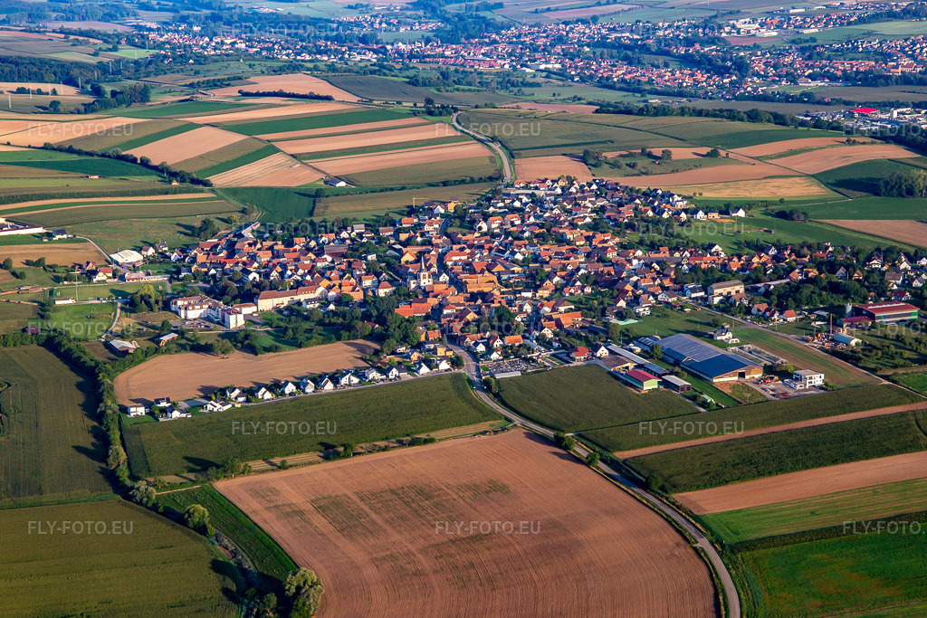 Vue aérienne: Vue de la ville depuis le sud-est à Dauendorf dans le département Bas Rhin, France. Photo: IMG_138072.jpg prise le 19/08/2023 par Werner Riehm/FLY-FOTO.eu – Résolution de l'original: 5348 x 3566 px