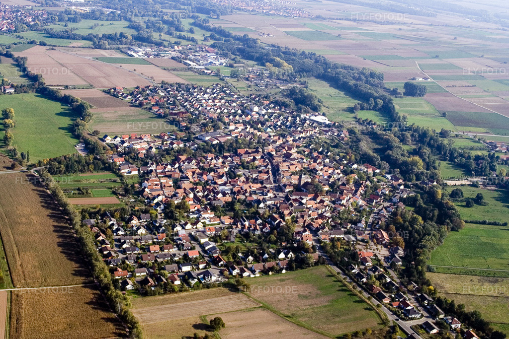 Luftbild: Ortsansicht von Westen im Ortsteil Billigheim in Billigheim-Ingenheim im Bundesland Rheinland-Pfalz in Deutschland. Foto: IMG_8443.jpg vom 07.10.2007 durch Werner Riehm/FLY-FOTO.de