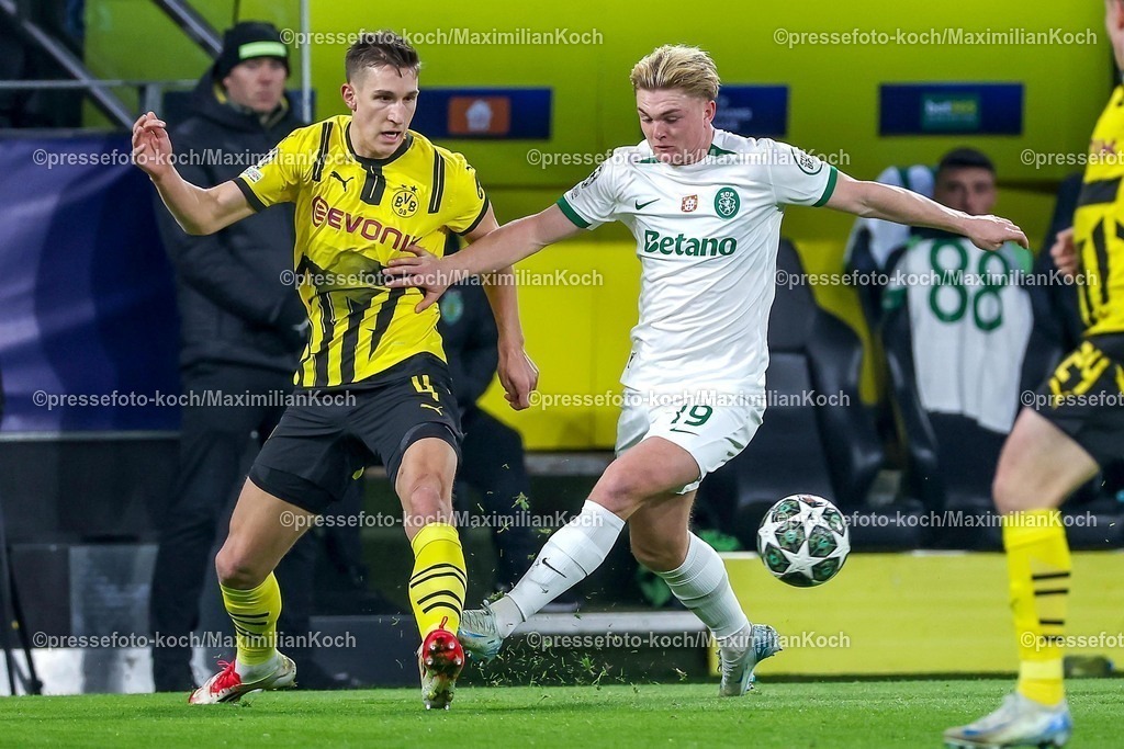 UCL1902250101018 | 19.02.2025, Fußball, UEFA Champions League, Borussia Dortmund - Sporting Lissabon, Signal Iduna Park, Knockout phase play-offs, Saison 2024 2025: Nico Schlotterbeck (BVB #4) im Zweikampf gegen Conrad Harder (Sporting #19)