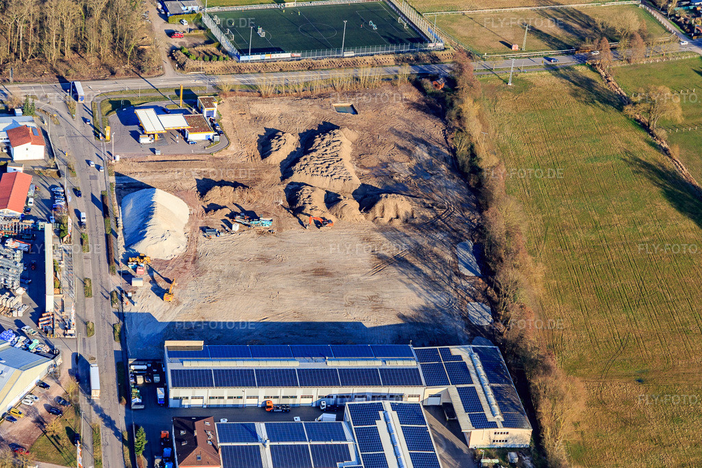 Luftbild: Baustelle zur Erschliessung des neuen Logistikpark der HANSAINVEST und DFI-Real-Estate Kandel nach Abriss des OBI-Markts im Ortsteil Minderslachen in Kandel im Bundesland Rheinland-Pfalz in Deutschland. – Foto: IMG_145457.jpg vom 07.03.2025 durch Werner Riehm/FLY-FOTO.de – Auflösung des Originals: 5472 x 3648 px – Entdecke HANSAINVEST | Kapital-verwaltungs-gesellschaft: Hansainvest – DFI Real Estate - Driving Future Innovation