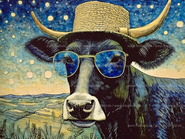 Kuh mit Sonnenbrille und Strohhut 3 | Digital Art | Digitale Kunst