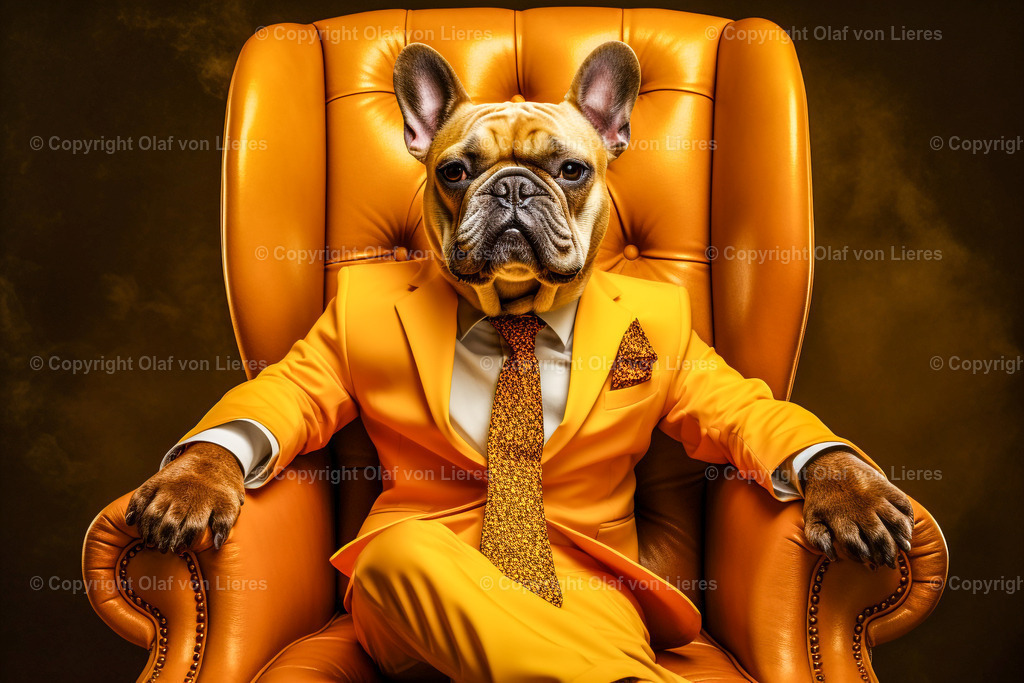 Bulldoggen im Gelben Anzug | Bulldoggen im gelben Anzug im Sessel