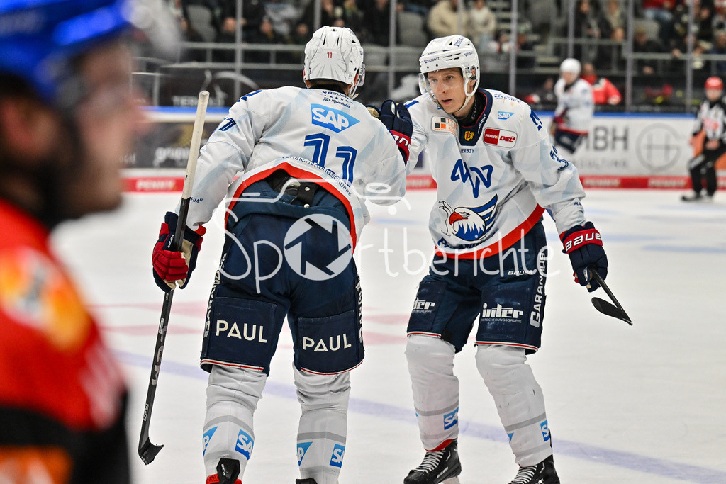 Augsburger Panther - Adler Mannheim | Jubel der Gaeste nach dem Treffer zum 1-4 durch Jordan SZWARZ (Adler Mannheim 14) / Freude / Happy / Tor / Torschuezte / DEL: Augsburger Panther - Adler Mannheim, Curt Frenzel Stadion am 26.12.2024