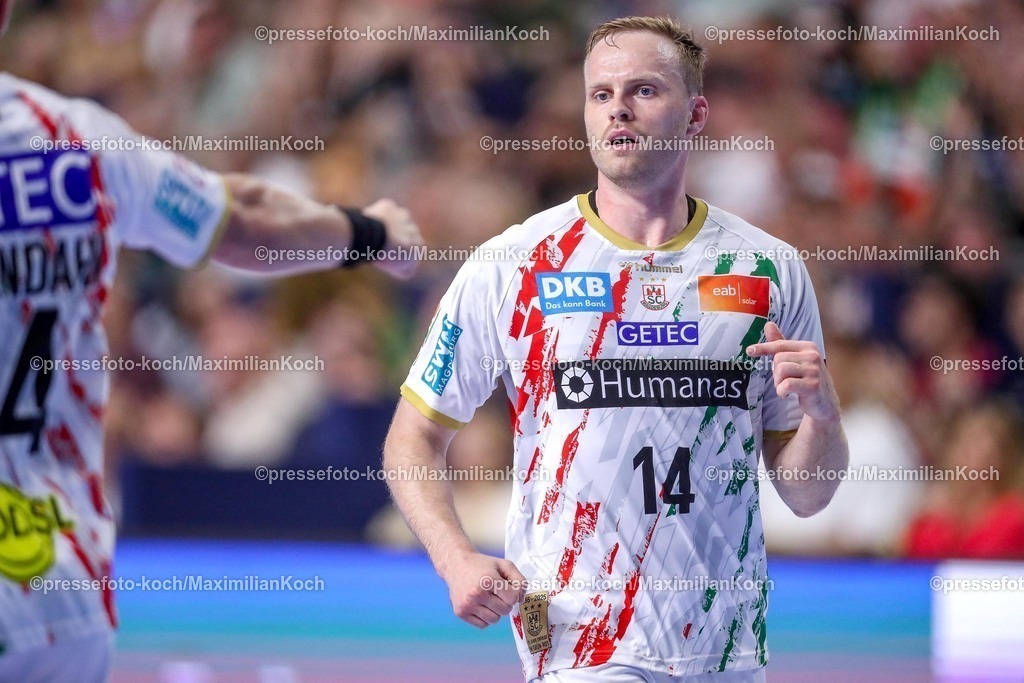 KoeEHF14062502144 | 14.06.2025, Handball, Halbfinale TruckScout24 EHF FINAL4, LANXESS arena Köln, FC Barcelona - SC Magdeburg: Omar Ingi Magnusson (Magdeburg #14) jubelnd 
