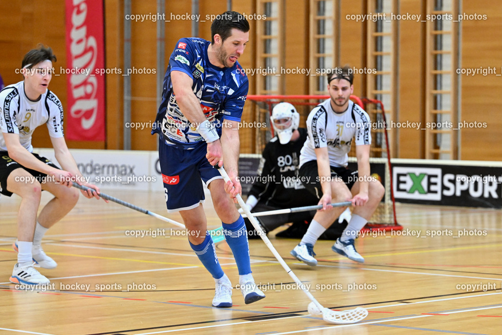 FBK Loka vs. VSV Unihockey | #6 Timo Schmid VSV Unihockey, #9 Nejc Peklaj FBK Loka, #31 Nejc Oman FBK Loka, FBK Loka vs. VSV Unihockey, FBK Loka vs. VSV Unihockey am 23.03.2025 in Villach (Ballspielhalle St. Martin), Austria, (Photo by Bernd Stefan)