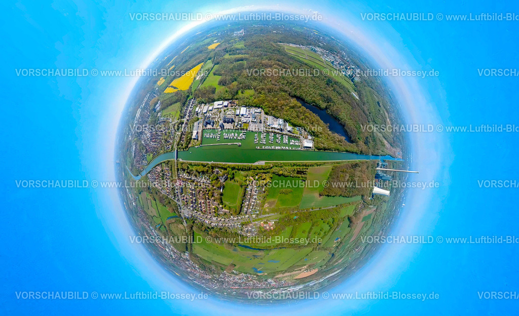 Bergkamen230490823MarinaRuenthe | Luftbild, Yachtafen Marina Rünthe,  Datteln-Hamm-Kanal, Beversee, Erdkugel, Fisheye Aufnahme, Fischaugen Aufnahme, 360 Grad Aufnahme, Rünthe, Bergkamen, Ruhrgebiet, Nordrhein-Westfalen, Deutschland