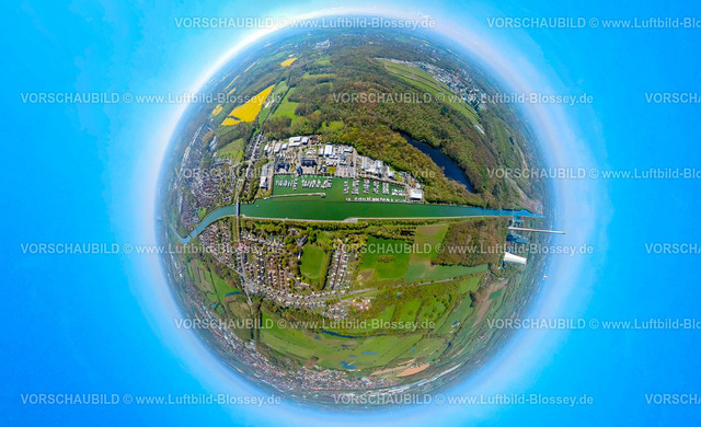 Bergkamen230490823MarinaRuenthe | Luftbild, Yachtafen Marina Rünthe,  Datteln-Hamm-Kanal, Beversee, Erdkugel, Fisheye Aufnahme, Fischaugen Aufnahme, 360 Grad Aufnahme, Rünthe, Bergkamen, Ruhrgebiet, Nordrhein-Westfalen, Deutschland