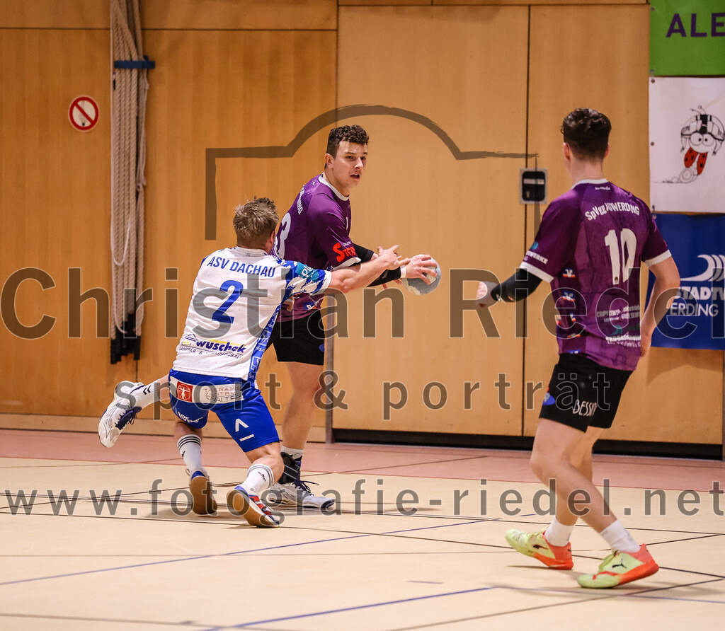 2024-11-24_094_SpVgg_Altenerding_gegen_ASV_Dachau | Erding, Deutschland, 24.11.2024:Handball, Bezirksoberliga Männer 2024 / 2025, 8. Spieltag, SpVgg Altenerding gegen ASV Dachau, Endergebnis: 30:23Maximilian Hauß (ASV Dachau, #2), Moritz Sturm (SpVgg Altenerding, #23), Tim Steininger (SpVgg Altenerding, #10)Foto: Christian Riedel / fotografie-riedel.net