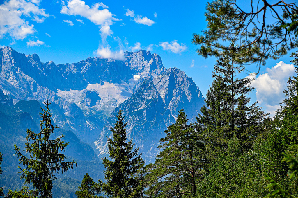 Imposanter Blick auf die Zugspitze | Ein atemberaubender Ausblick auf das erhabene Wettersteingebirge und die mächtige Zugspitze: Durch die saftig grünen Wipfel des alpinen Nadelwaldes öffnet sich der Blick auf schroffe, felsige Massive und verbliebene Schneefelder unter einem tiefblauen Sommerhimmel. Das Spiel aus satten Grüntönen im Vordergrund und den erhabenen, bläulich schimmernden Felsformationen vermittelt ein Gefühl von majestätischer Ruhe, zeitloser Beständigkeit und der unberührten Kraft der Natur im Zugspitzland. - Realisiert mit Pictrs.com