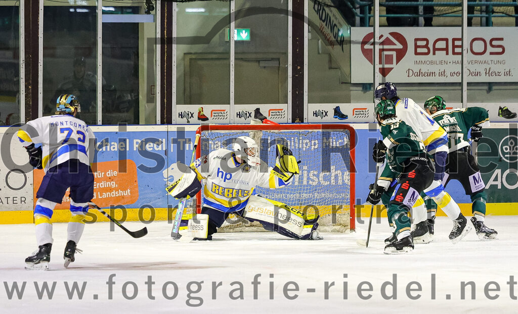 2026-01-09_071_TSV_Erding_gegen_Stuttgart_Rebels | Erding, Deutschland, 09.01.2026:Eishockey, Oberliga Süd 2025 / 2026, 35. Spieltag, TSV Erding gegen Stuttgart Rebels, Endergebnis: Dane Montgomery (Stuttgart Rebels, #72), Torwart Nick Jordan Vieregge (Stuttgart Rebels, #29), Marc Schmidpeter (Erding Gladiators, #33), Philipp Michl (Erding Gladiators, #77)Foto: Christian Riedel / fotografie-riedel.net