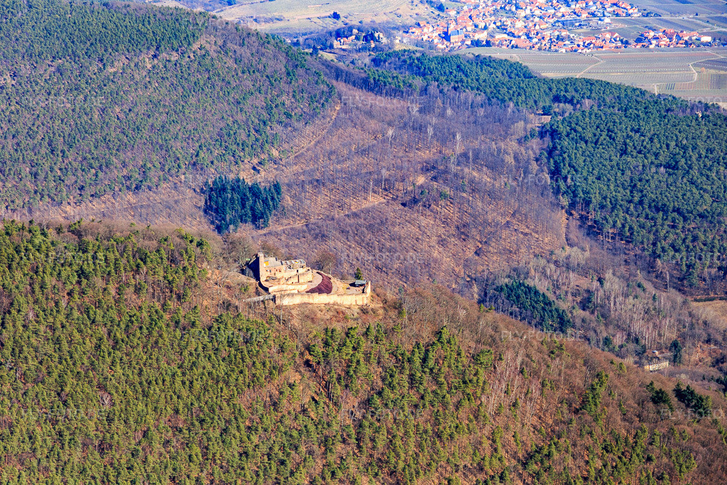 Luftbild: Burgruine Neuscharfeneck in Flemlingen im Bundesland Rheinland-Pfalz in Deutschland. Foto: IMG_097048.jpg vom 25.02.2017 durch Werner Riehm/FLY-FOTO.deAktuelles