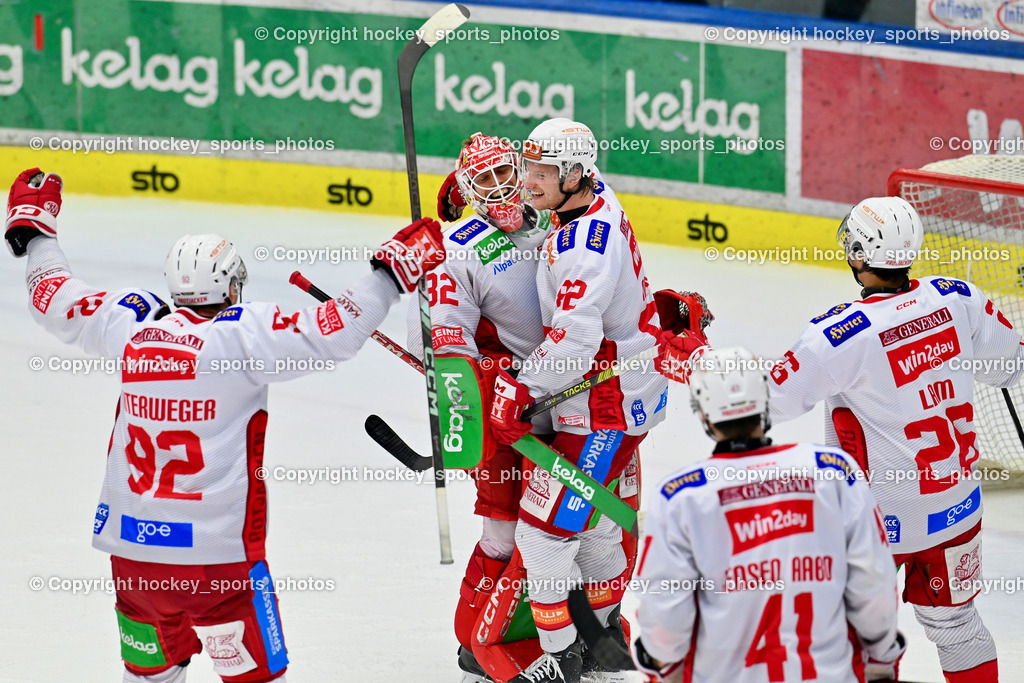 EC IDM WÄRMEPUMPEN VSV vs. EC KAC | Jubel EC KAC Mannschaft, #92 Unterweger Clemens EC KAC, #32 Dahm Sebastian EC KAC, #41 Jensen Aabo Jesper EC KAC, #82  Nickl Thimo EC KAC, #26 Lam Oliver EC KAC, EC IDM WÄRMEPUMPEN VSV vs. EC KAC, EC IDM WÄRMEPUMPEN VSV vs. EC KAC am 02.02.2025 in Villach (Stadthalle Villach), Austria, (Photo by Bernd Stefan)
