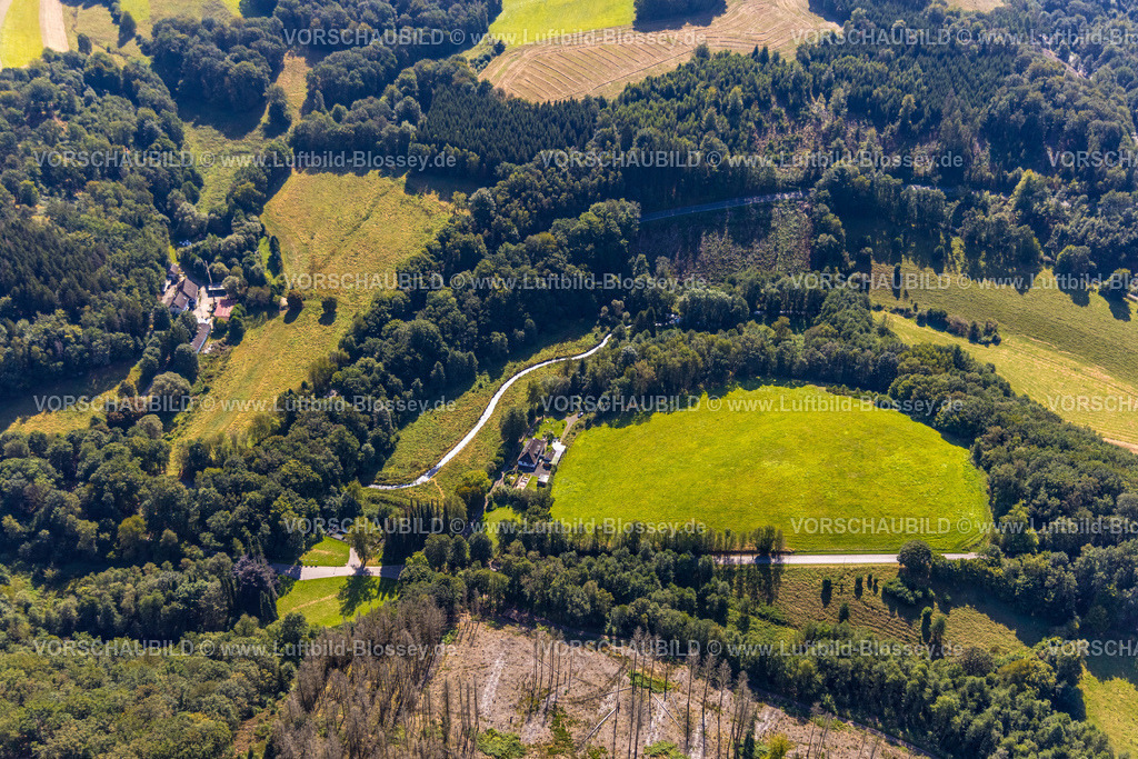 Ennepetal240814776 | Luftbild, Wiesen und Felder mit Waldgebiet Ochsenkamp, Fluss Ennepe, Altenbreckerfeld, Breckerfeld, Ruhrgebiet, Nordrhein-Westfalen, Deutschland