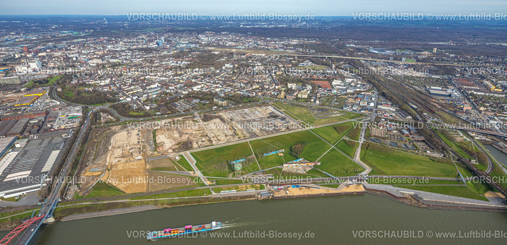 Duisburg230302150 | Luftbild, Rheinpark Duisburg am Fluss Rhein und geplante Wohnanlage RheinOrt Hochfeld, Brücke der Solidarität und Hochfelder Eisenbahnbrücke über den Fluss Rhein, künftiges IGA-Gelände, Hochfeld, Duisburg, Ruhrgebiet, Nordrhein-Westfalen, Deutschland