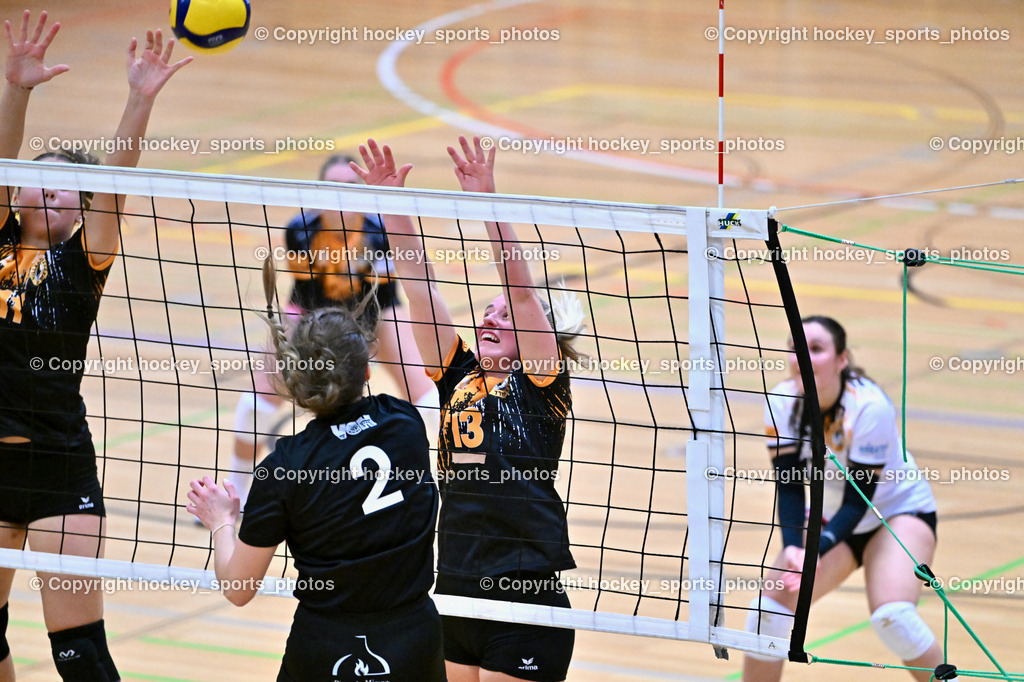 ASKÖ Volley Eagles Villach vs. VC Hausmannstätten | #2 WAILLAND Katharina VC Hausmannstätten, #13 BEBEKAJLO Vanessa ASKÖ Volley Eagles Villach, #11 Ilvie HOFER ASKÖ Volley Eagles Villach, ASKÖ Volley Eagles Villach vs. VC Hausmannstätten, ASKÖ Volley Eagles Villach vs. VC Hausmannstätten am 01.02.2025 in Villach (Ballspielhalle Lind), Austria, (Photo by Bernd Stefan)