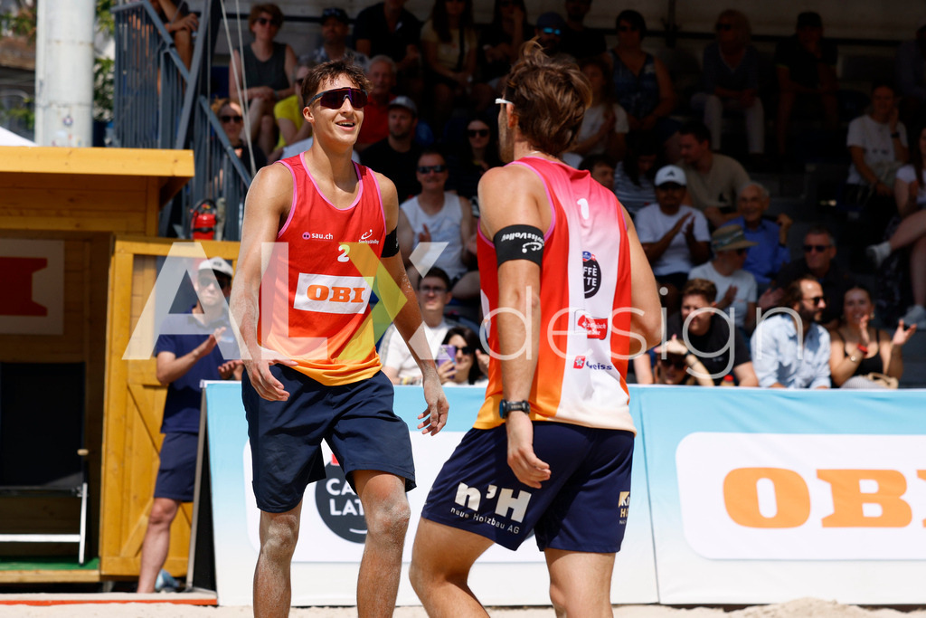 Obi BeachTour 2026 - Basel | BASEL, SWITZERLAND - JULY 19: LEO DILLIER (SUI) and LUC EMANUEL FLÜCKIGER (SUI) during the Obi BeachTour 2026 match between DILLIER / FLÜCKIGER (SUI) and HAGENBUCH / HAUSSENER (SUI) at Barfüsserplatz on July 19, 2026 in Basel, Switzerland. - Realisiert mit Pictrs.com