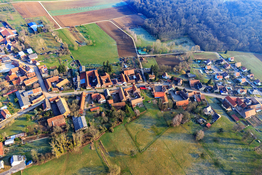 Aerial view: View of the town from the south in Geiswiller in the state Bas-Rhin, France. – Photo: IMG_105346.jpg taken on 03/25/2018 by Werner Riehm/FLY-FOTO.com – Resolution of the original: 5472 x 3648 px
