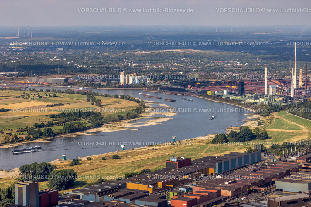 Duisburg220804734Rheinniedrigwasser | Luftbild, Niedrigwasser des Rheins zwischen Baerl und Beeckerwerth bei Thyssen Steel,  Duisburg, Ruhrgebiet, Nordrhein-Westfalen, Deutschland