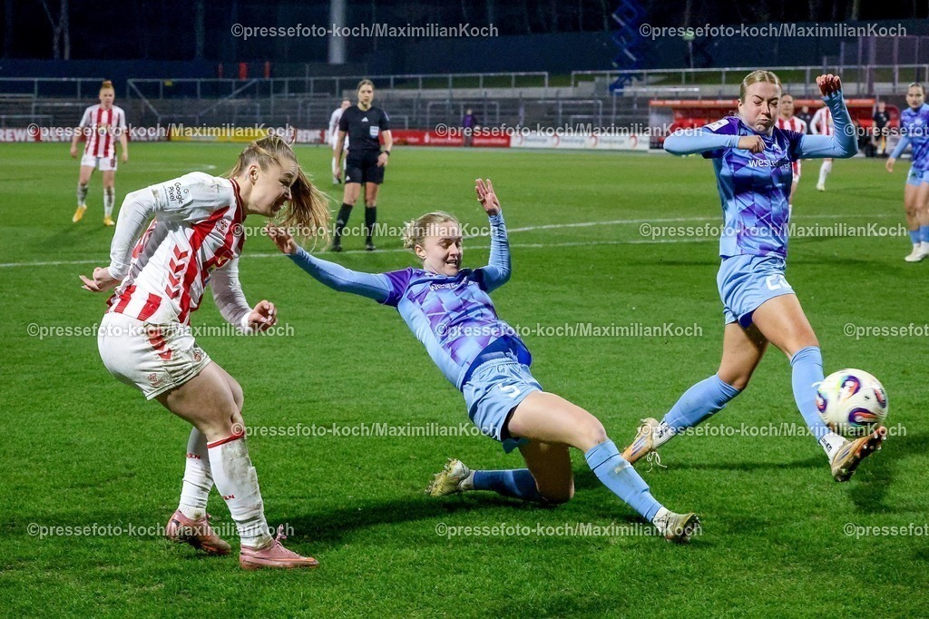 xSSCx09022601012 | 09.02.2026, xsscx, Frauen Fussball, 1. FC Koeln - SGS Essen, 1. Fussball Bundesliga, 17. Spieltag, Franz-Kremer-Stadion, Saison 2025 2026: Weronika Zawistowska (1. FC Koeln 10) im Zweikampf gegen Paula Flach (SGS Essen 5) DFB regulations prohibit any use of photographs as image sequences and or quasi-video. Photo: xSandraxScherningxPressefotoKochx
