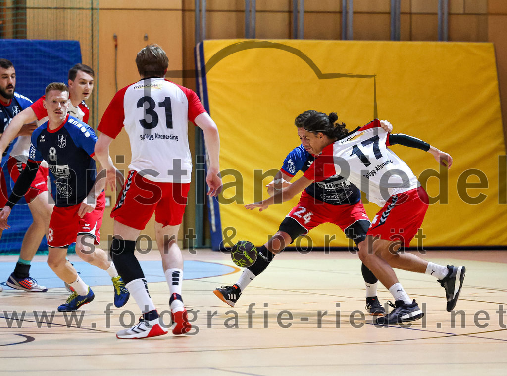 2022-09-24_028_SpVgg_Altenerding_gegen_HSG_Freising-Neufahrn | Erding, Deutschland, 24.09.2022:
Handball, Bezirksoberliga Männer 2022 / 2023, 2. Spieltag, SpVgg Altenerding gegen HSG Freising-Neufahrn, Endergebnis: 18:26

Konstantin Vopel (HSG Freising-Neufahrn, #8), Niklas Fleps (SpVgg Altenerding, #31), Marius Kerber (HSG Freising-Neufahrn, #14), Luis Leitner (SpVgg Altenerding, #17)

Foto: Christian Riedel / fotografie-riedel.net